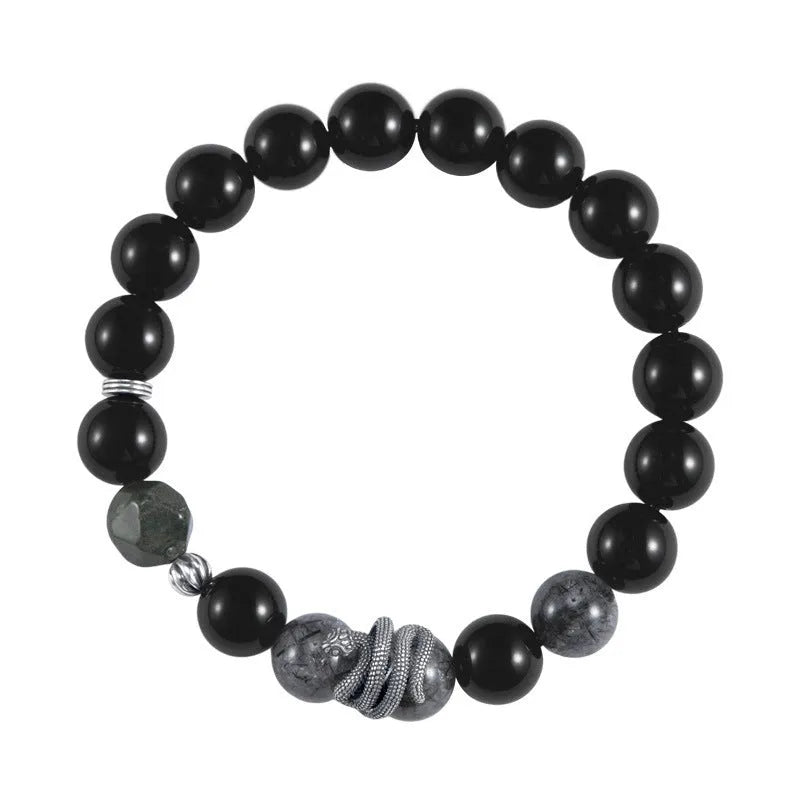 S925 sterling silver men's bracelet with obsidian black hair crystal and snake design