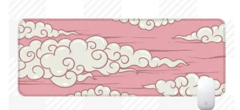 Large natural rubber desk mat with Japanese cloud pattern on a wooden desk, showing non-slip base.