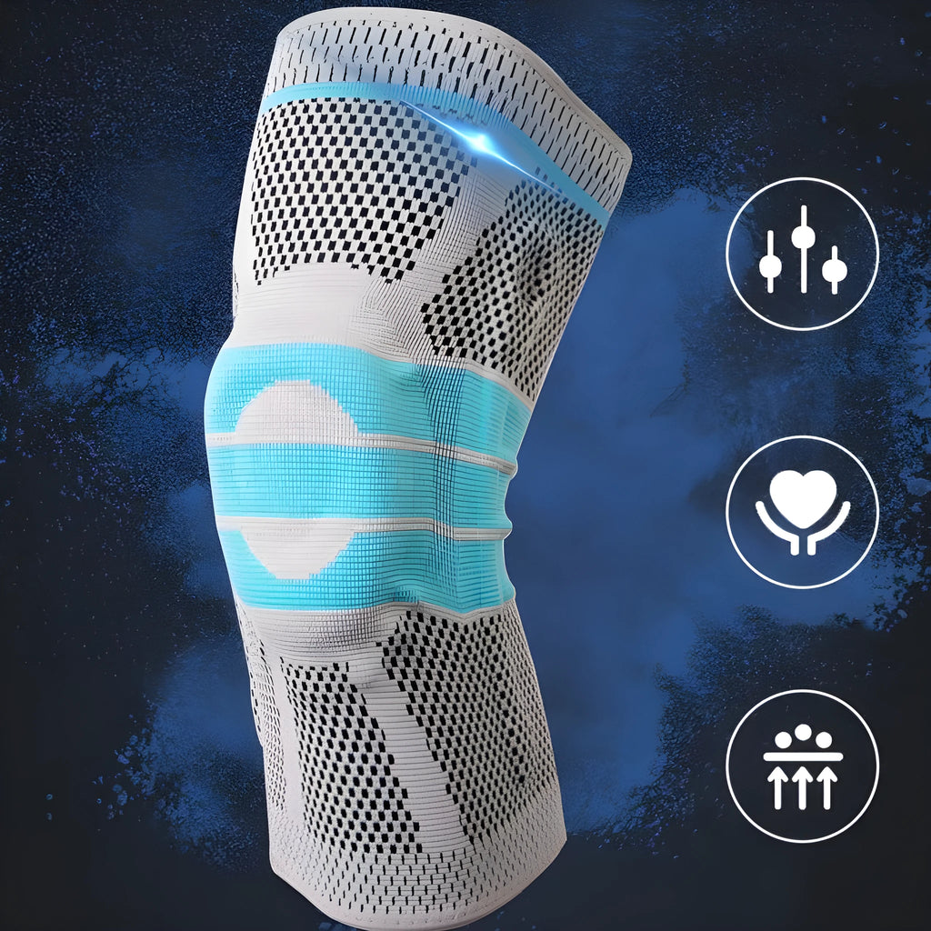 Sky blue elastic knee pads with silicone gel protection for sports.
