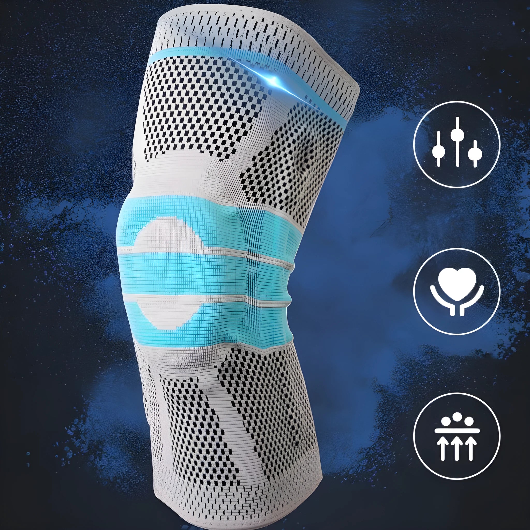Sky blue elastic knee pads with silicone gel protection for sports.