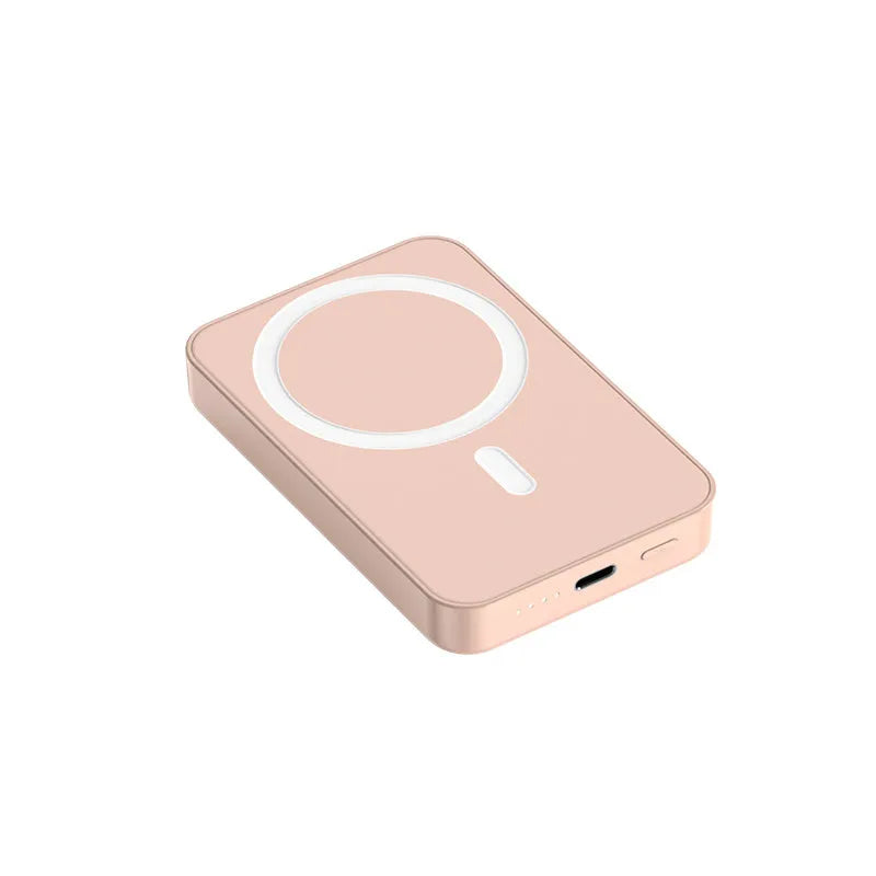 Pink, purple, and white magnetic wireless power bank showing compact 100x64x18mm size