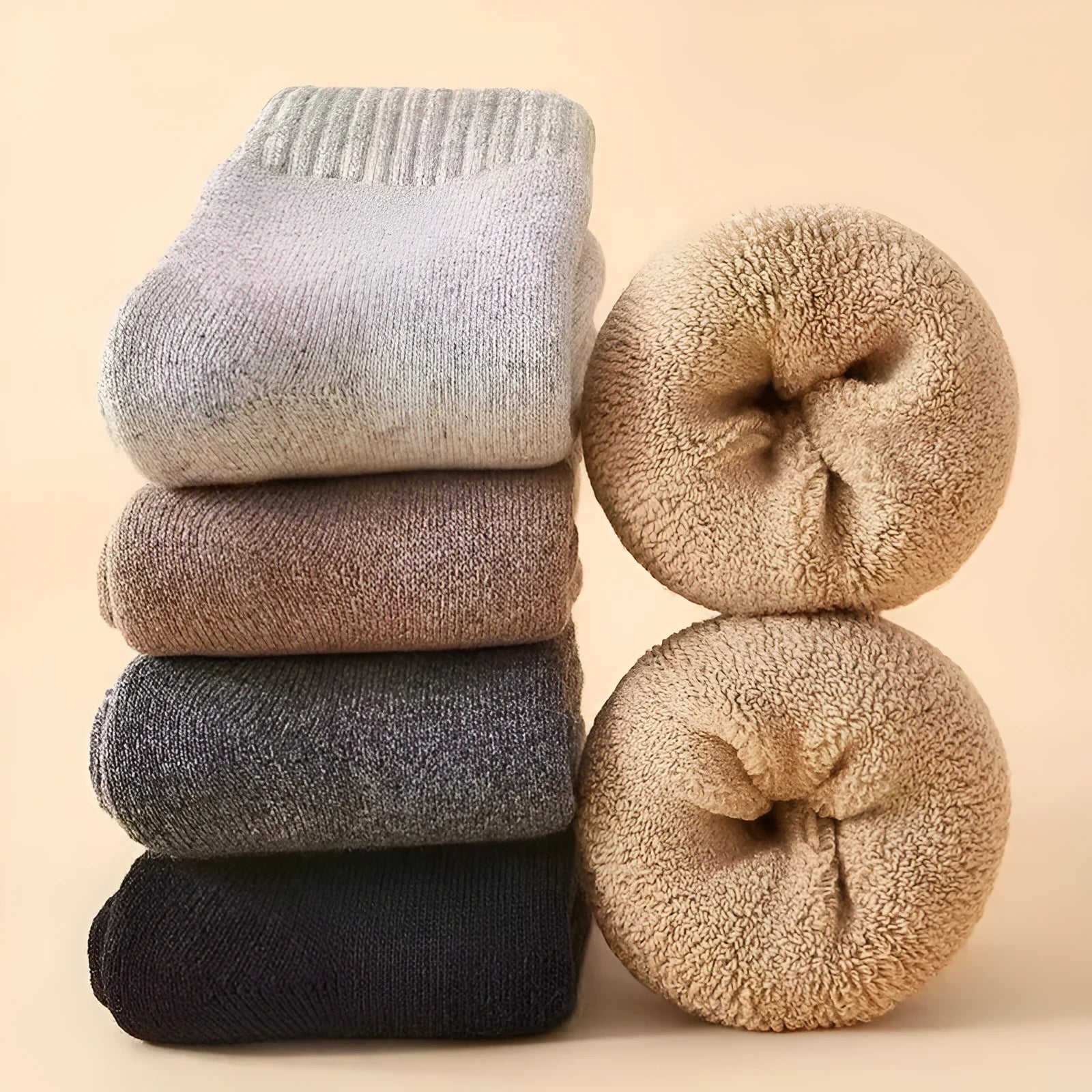 Two pairs of thick grey winter wool socks with a merino midsole next to a storage box