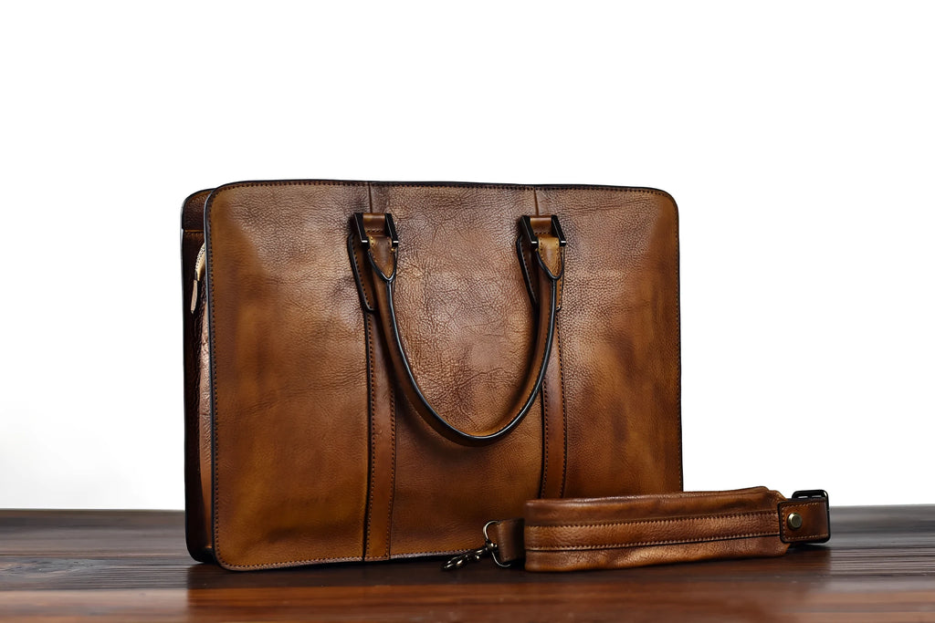 Men's 14 inch horizontal leather business handbag with zipper in khaki colour