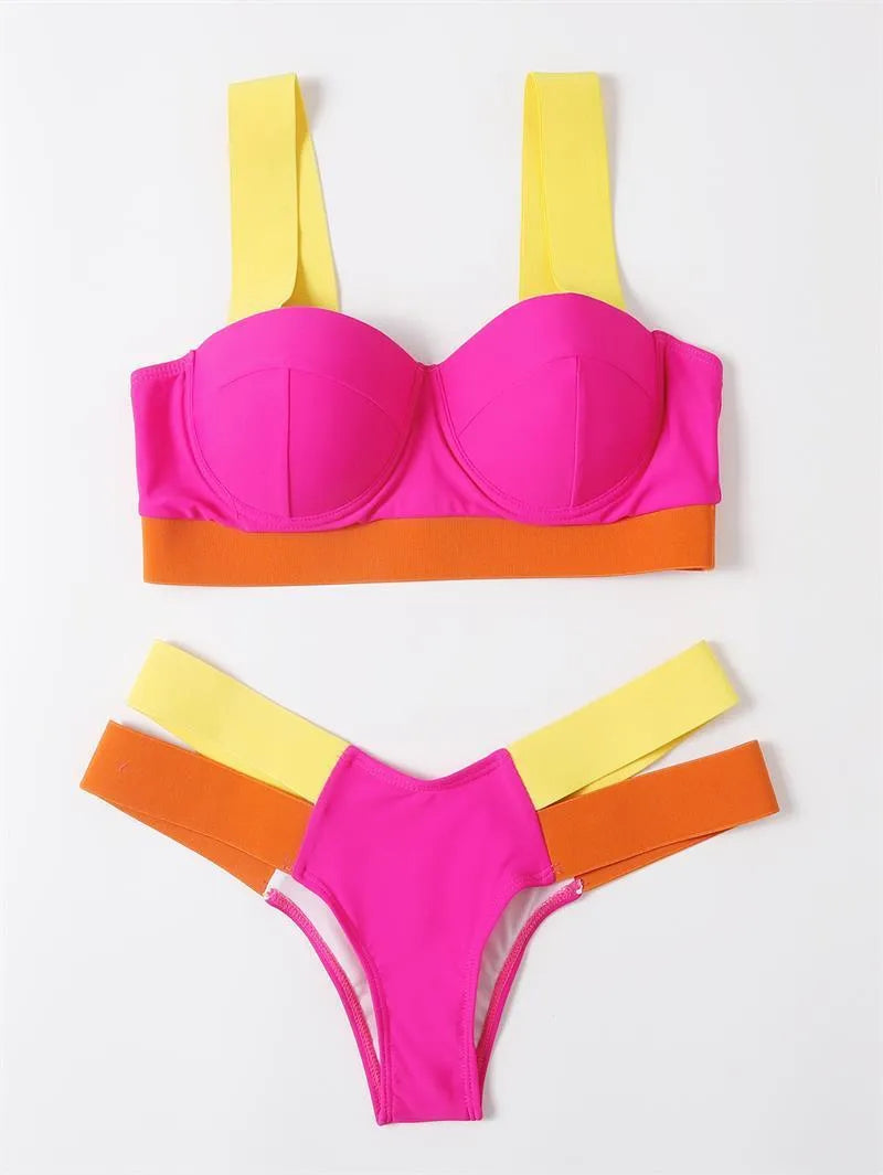 Women's contrast colour bikini with steel bracket push-up board in nylon fabric