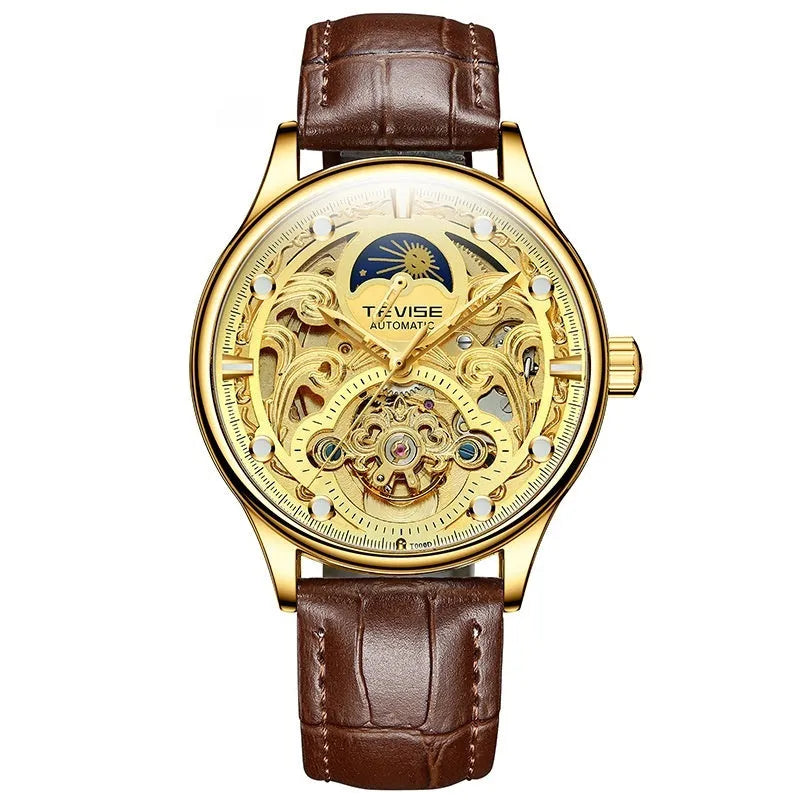 Men's gold and white leather strap waterproof automatic business watch