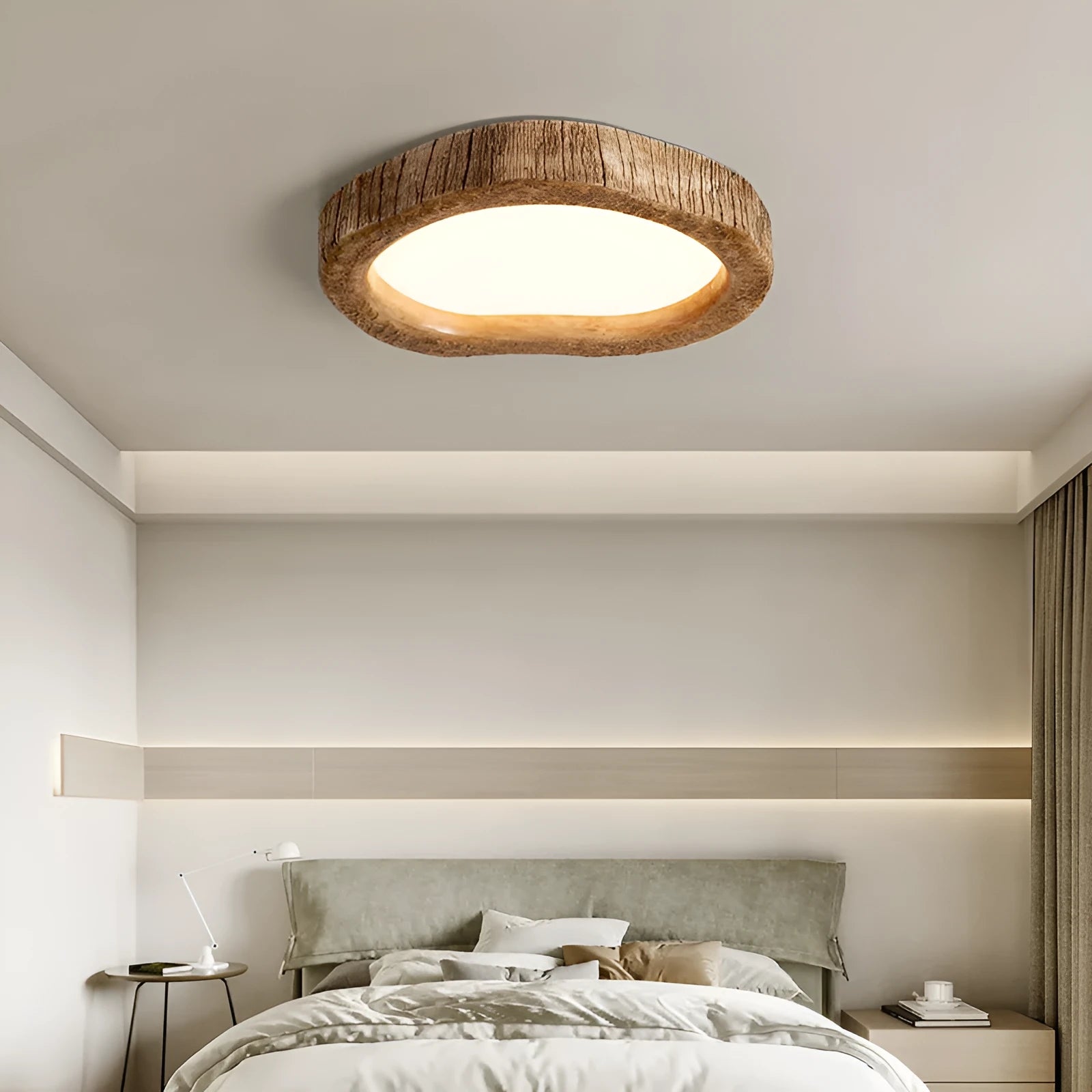 Round wood grain finish ceiling lamp in New Chinese style hanging from a ceiling.