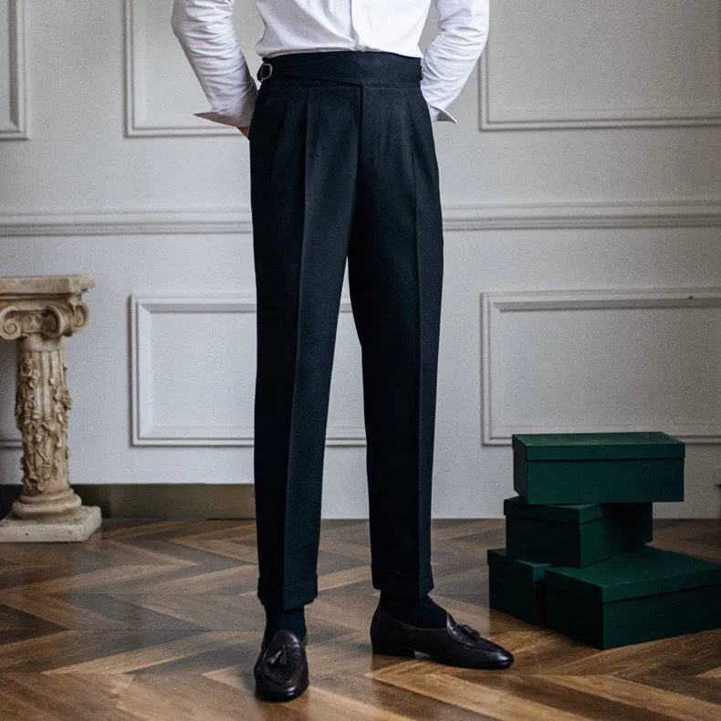 Men's black high-waisted straight leg casual trousers on a hanger
