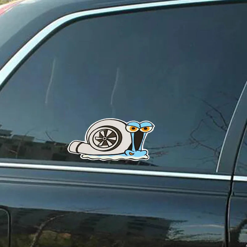 Colourful reflective snail cartoon sticker for car bumper, size 12cm by 8cm.
