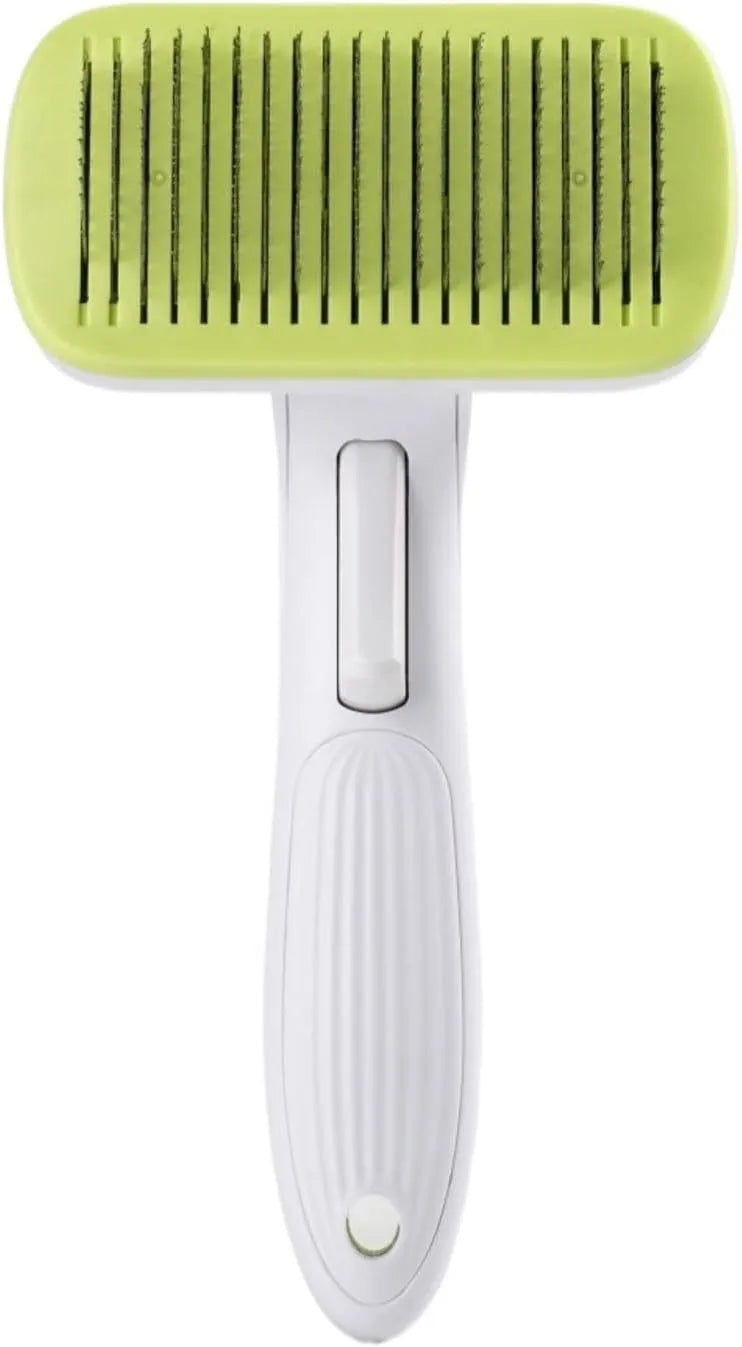 Automatic pet hair removal comb for dogs and cats in blue, grey, green, or pink colour.