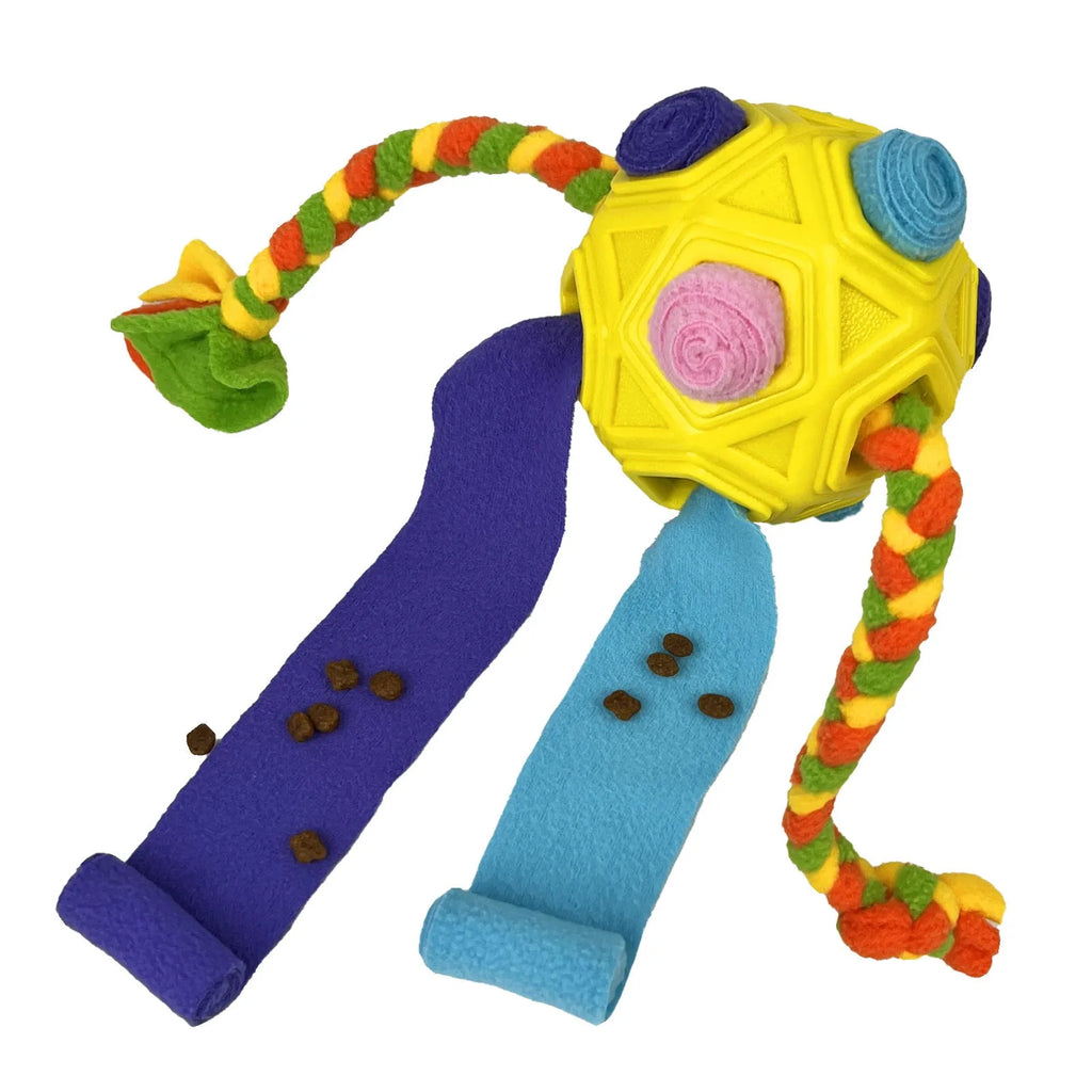 Bite-resistant pet sniffing ball dog puzzle toy for IQ training, shown in assorted colours including blue and redgreen.