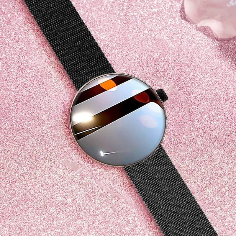 Women's smart watch with circular colour screen and metal strap in black, gold, or silver steel options