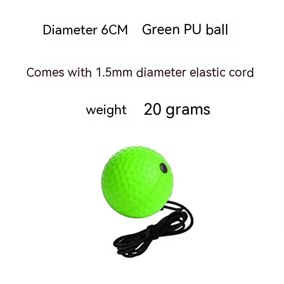 Head-mounted boxing reaction training ball with knitted and rubber adjustable headbands, shown with red, green, and yellow PU balls.