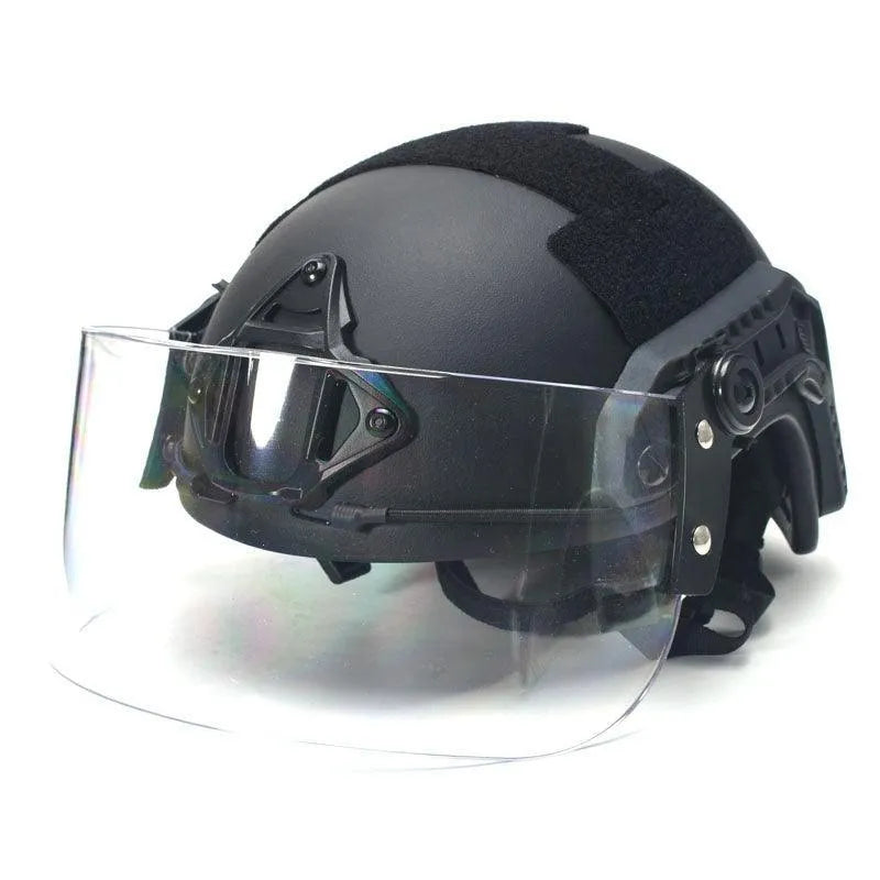 Transparent windproof explosion-proof face mask with guide rail for helmet mounting.