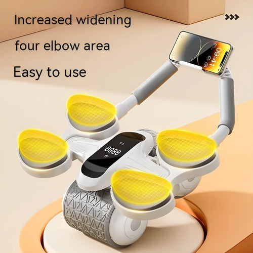 White belly roller fitness equipment with LED screen displaying timing and calorie count