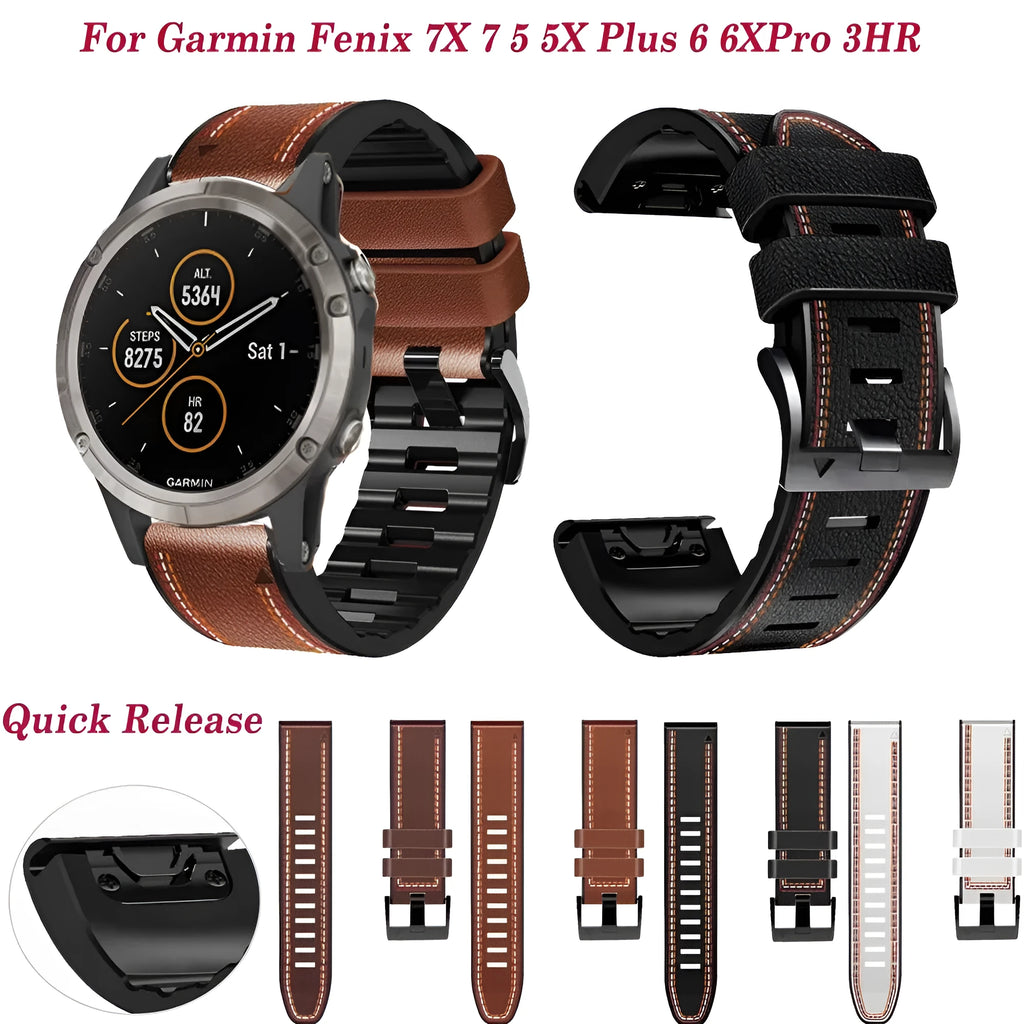 Silicone leather quick release watchband for Garmin Fenix smartwatch in black
