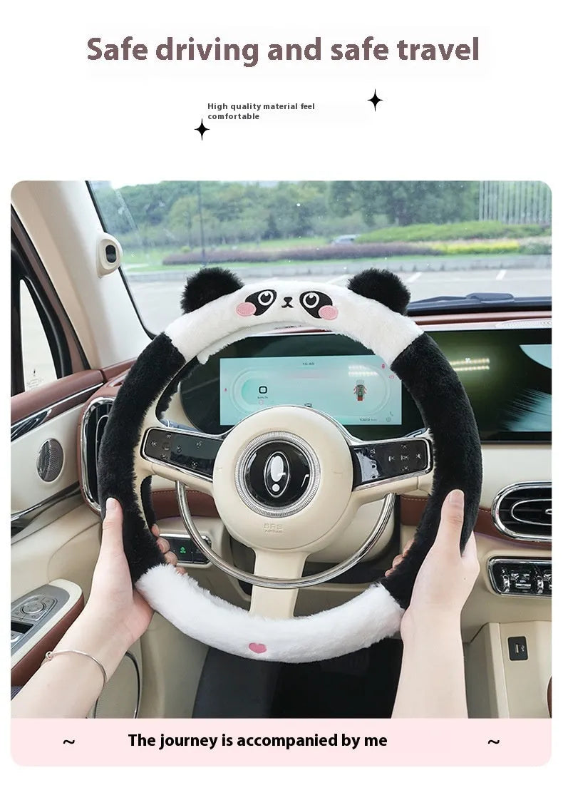 Winter plush steering wheel cover with cartoon animal embroidery, 38cm diameter