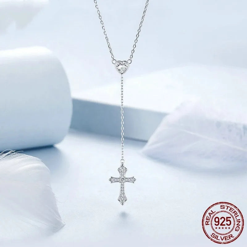 Women's silver love cross necklace on a V-neck O-ring chain, BSN384 colour.