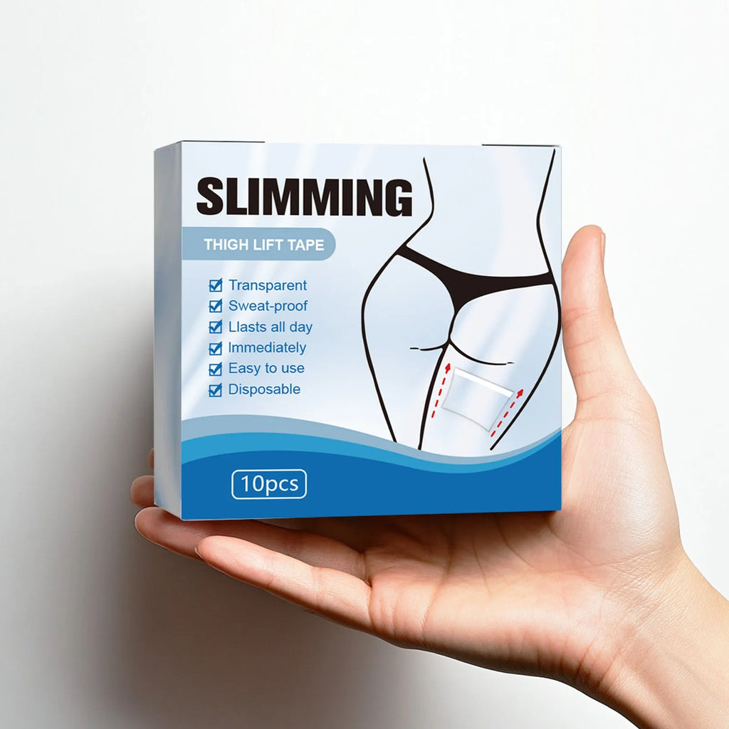 Box of 10 beige body shaping adhesive patches for skin tightening, each measuring 12 by 12 centimetres.