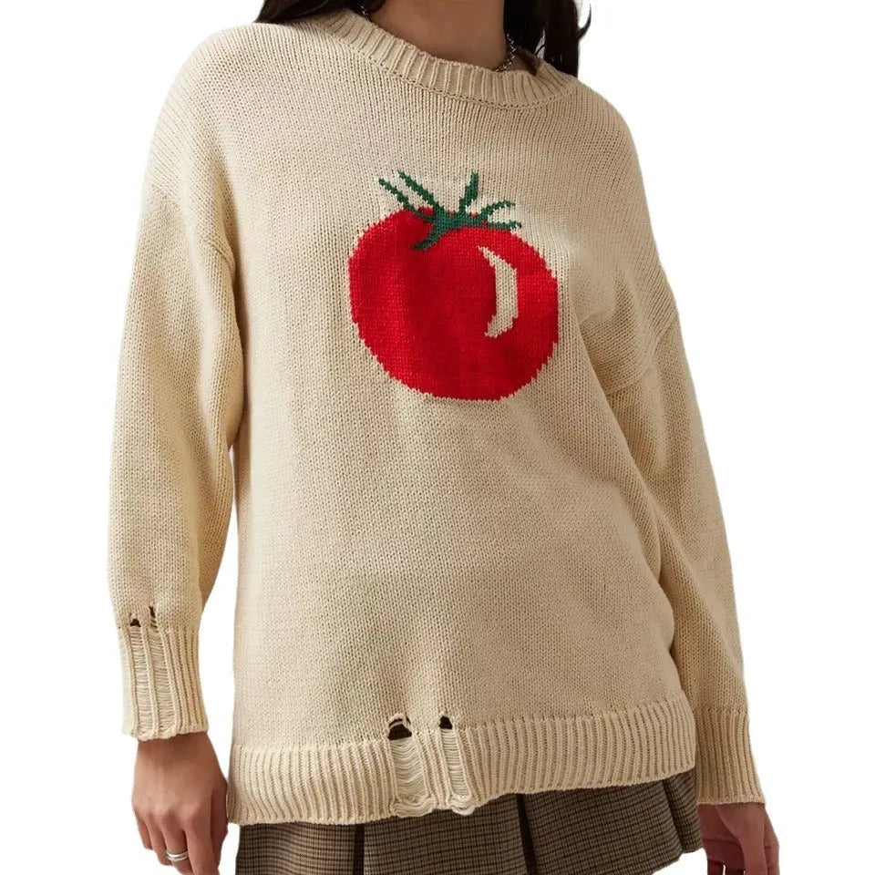 Women's milky white beige acrylic pullover sweater with Jacquard pattern texture and round neck