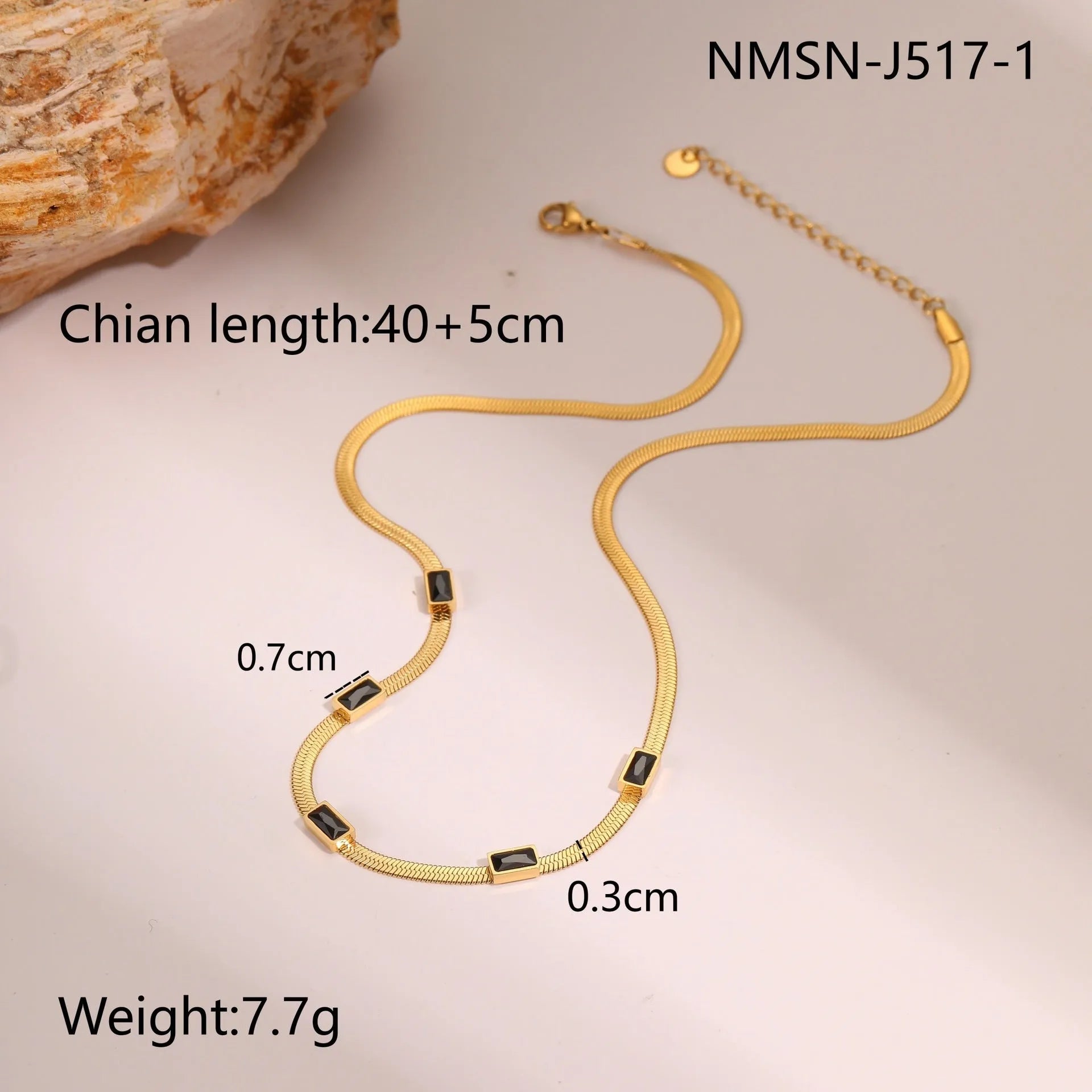 Geometric square zircon necklace with stainless steel flat snake chain in gold or steel colour