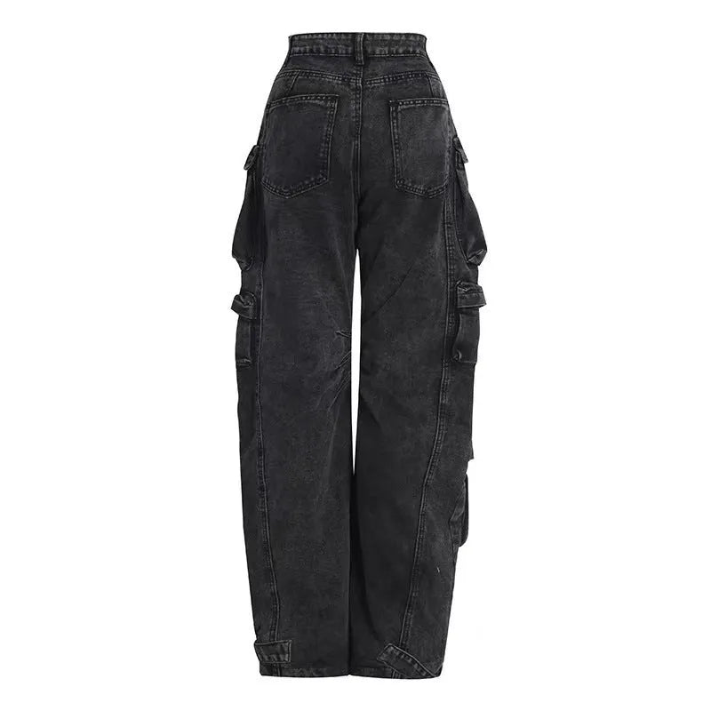 Women's tie-dyed high waist wide leg jeans with multiple pockets in street hipster style