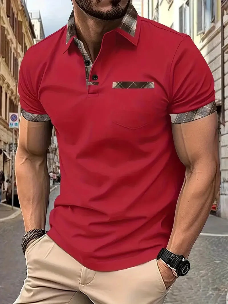Men's plaid colourblock t-shirt with zipper decoration on front, short sleeves, loose fit