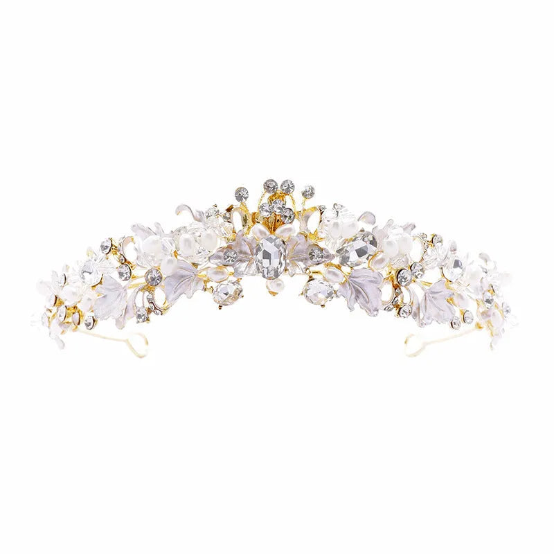 Women's pearl crown headdress with electroplated alloy construction in gold or silver colour