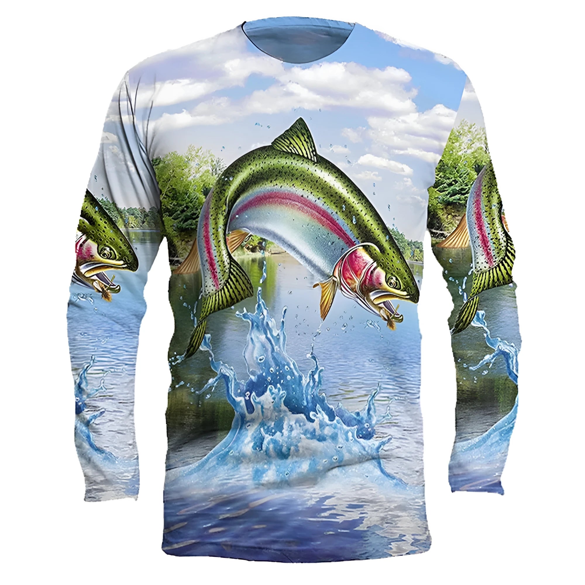Men's long-sleeved pullover top with a fish pattern print in Milk Silk fabric.