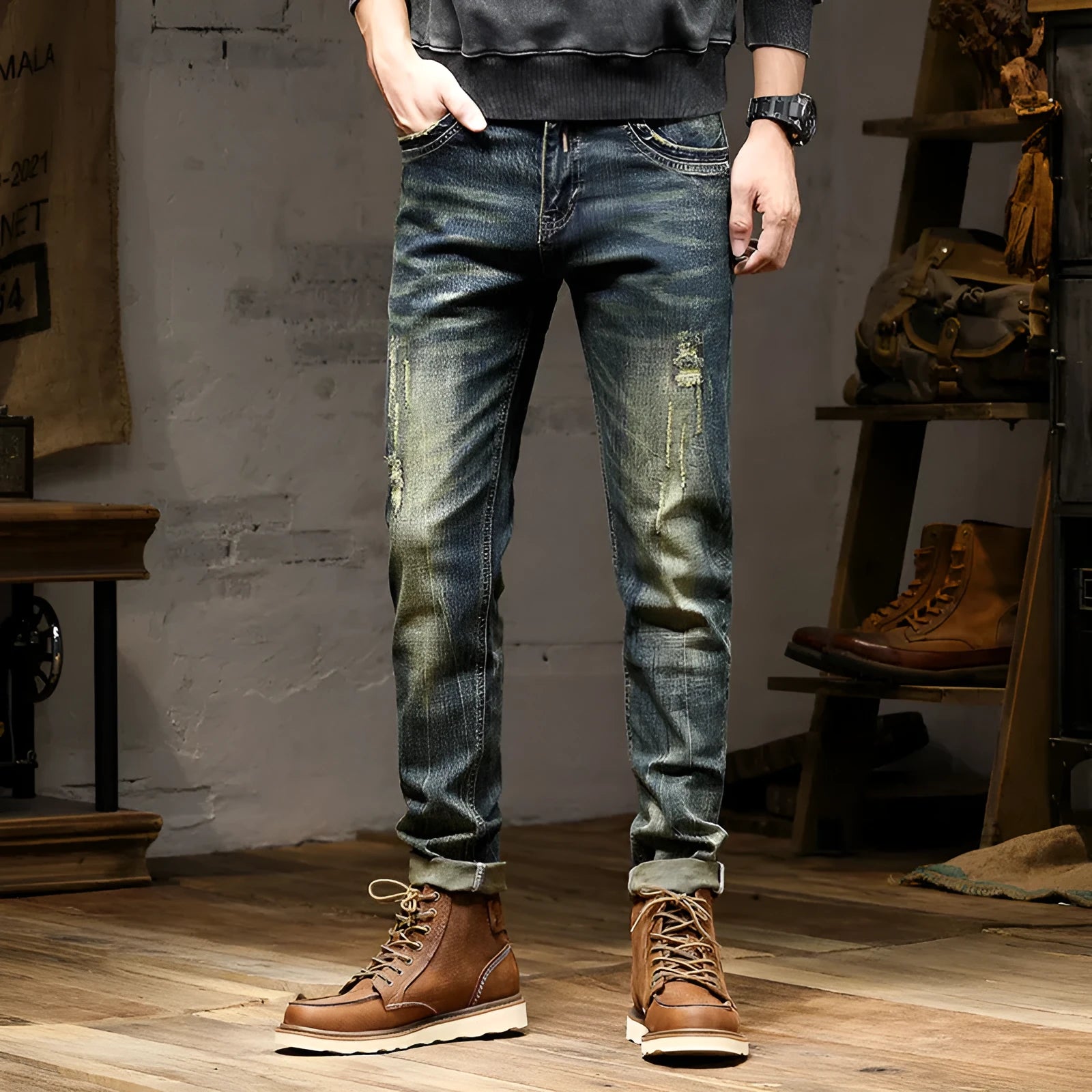 Man wearing skinny fit retro blue jeans with a zip fly, showcasing the casual pencil pants style.