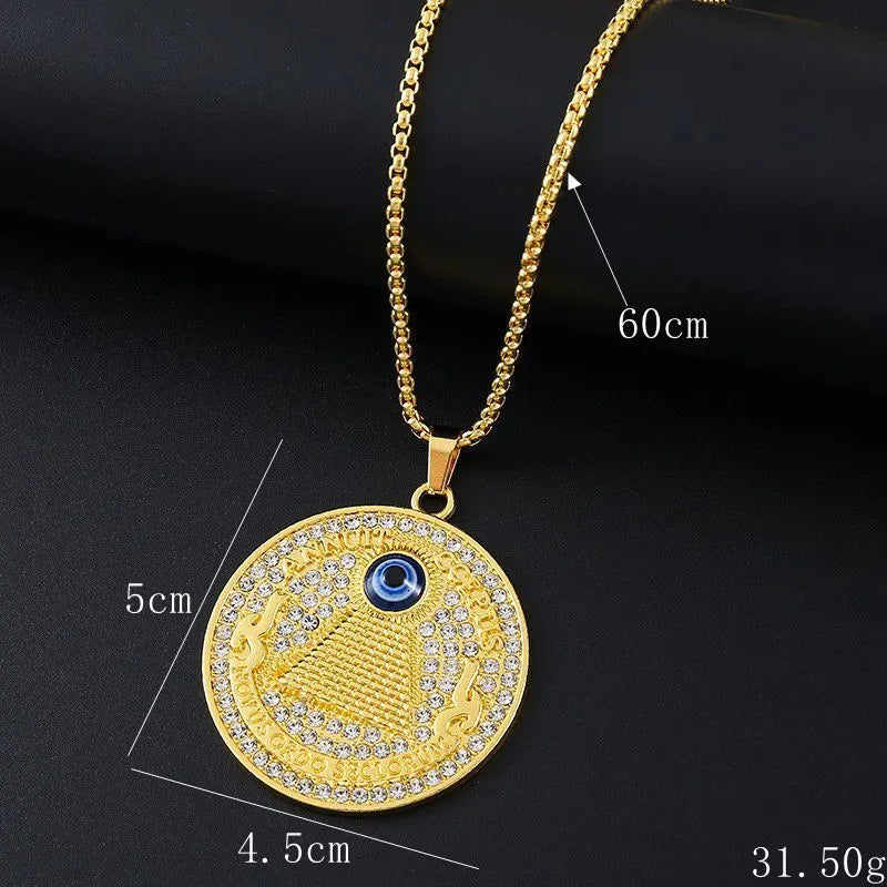 Women's geometric pendant necklace with inlaid zircon stones on a gold-tone alloy chain