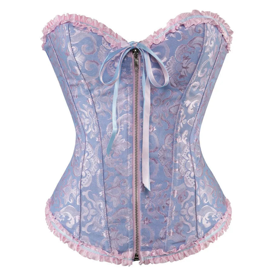 Court women's zipper-front jacquard corset in spandex fabric for waist support and shaping