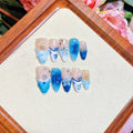 Blue hand-painted carved summer ice transparent false nails with wearable armour set in sizes XS to L