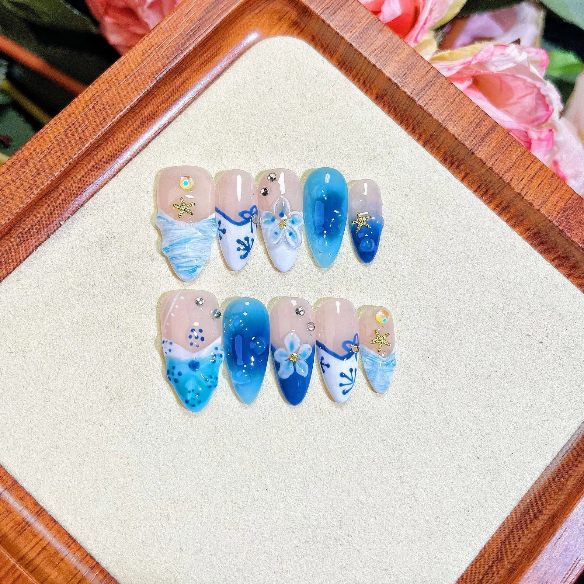 Blue hand-painted carved summer ice transparent false nails with wearable armour set in sizes XS to L