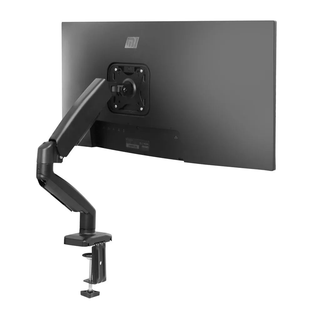 Black and white rotating telescopic LCD monitor stand with metal aluminium construction on a desk