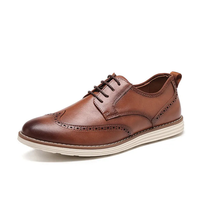 Men's black and brown slip-on business casual shoes with round toe and decorative carving detail