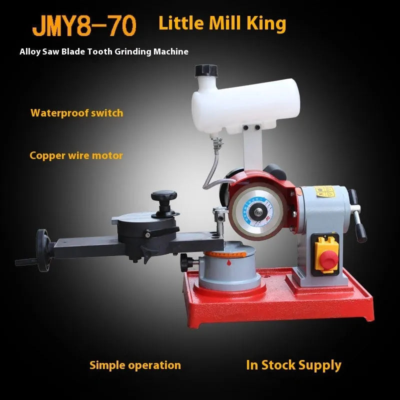 Manual sharpening machine for alloy circular saw blades on workbench with grinding wheel and adjustment controls