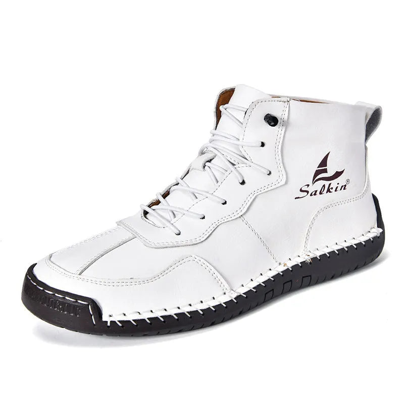 Retro high-top casual boots in artificial PU leather with frosted finish, round toe, and elastic band.