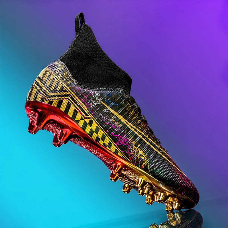 Men's white high-top soccer training shoe with gold-plated sole and lace-up front closure