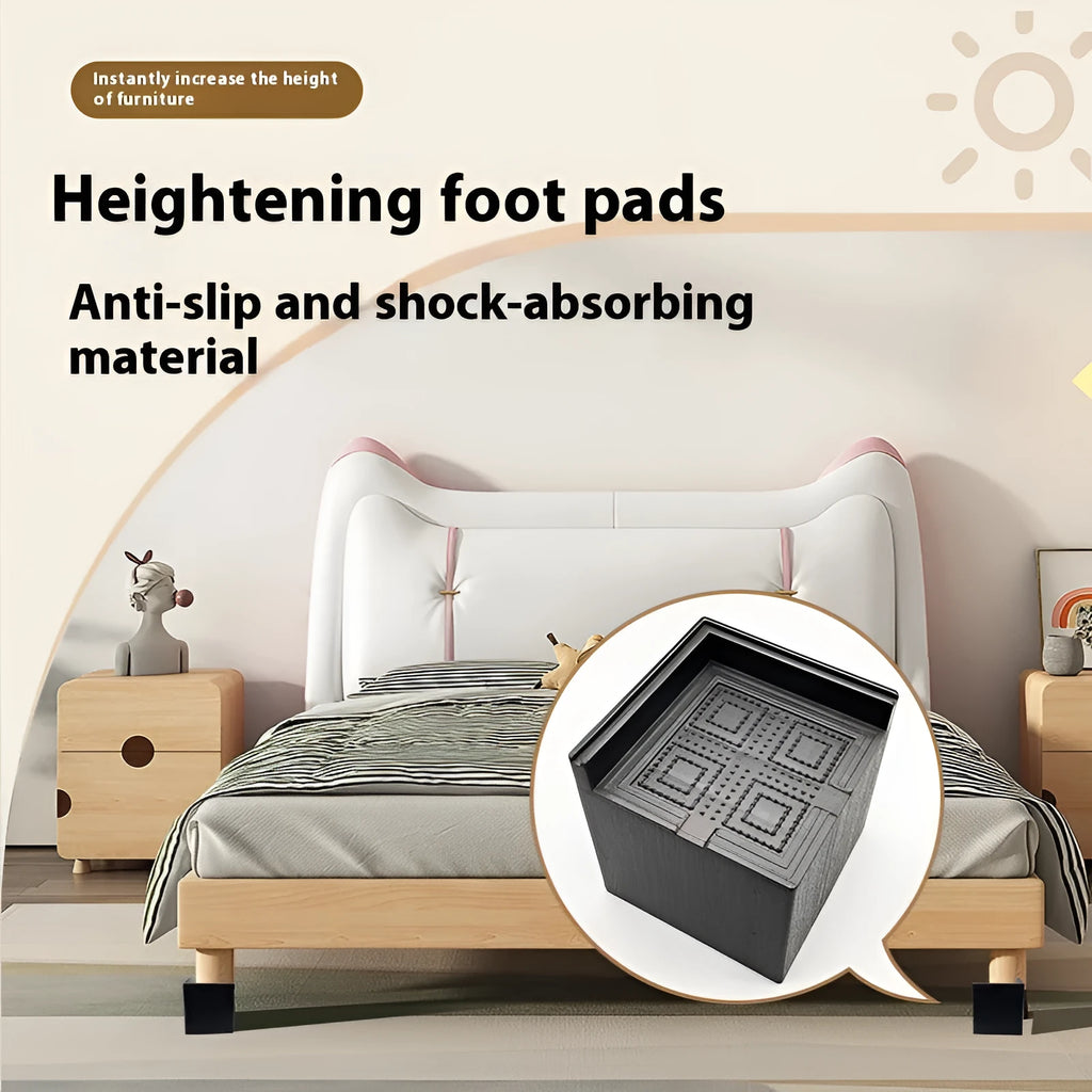 Four black plastic furniture riser feet for bed and sofa height adjustment
