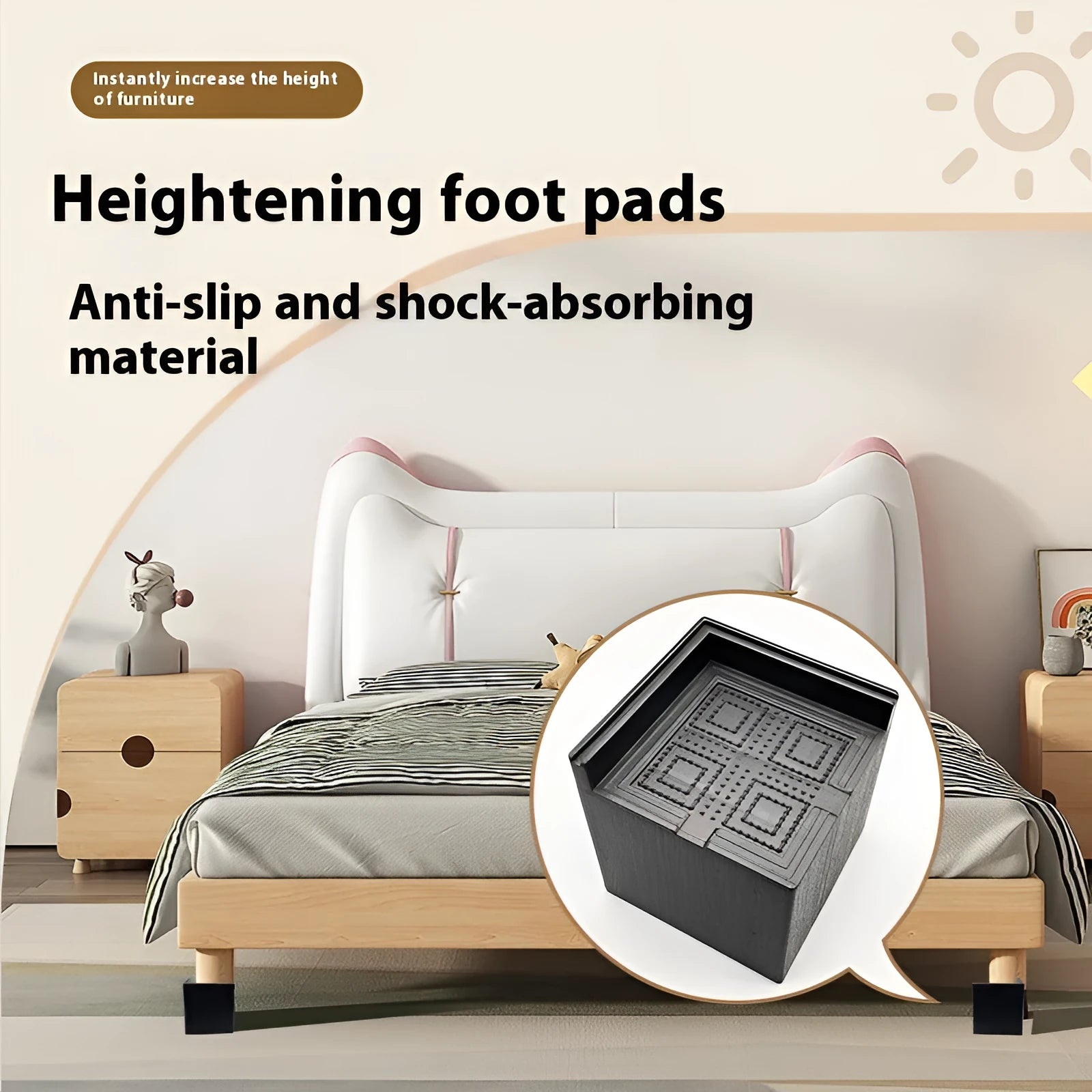 Four black plastic furniture riser feet for bed and sofa height adjustment