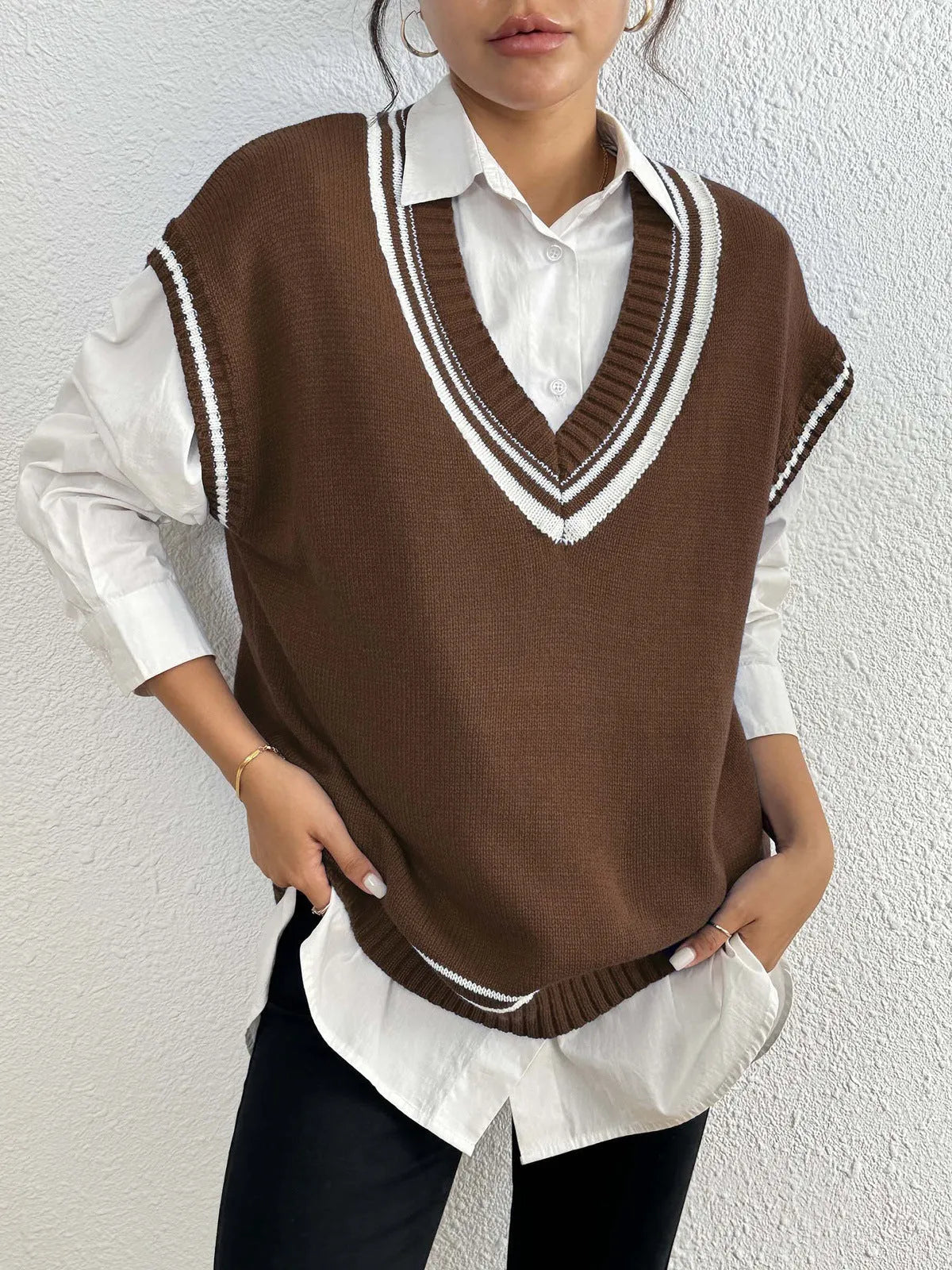 Women's loose fit college style vest sweater in acrylic polyester blend, black blue coffee colour options