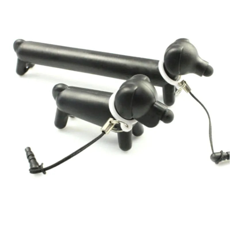 Black dog-shaped touch screen stylus pen showing adjustable length design and phone holder functionality