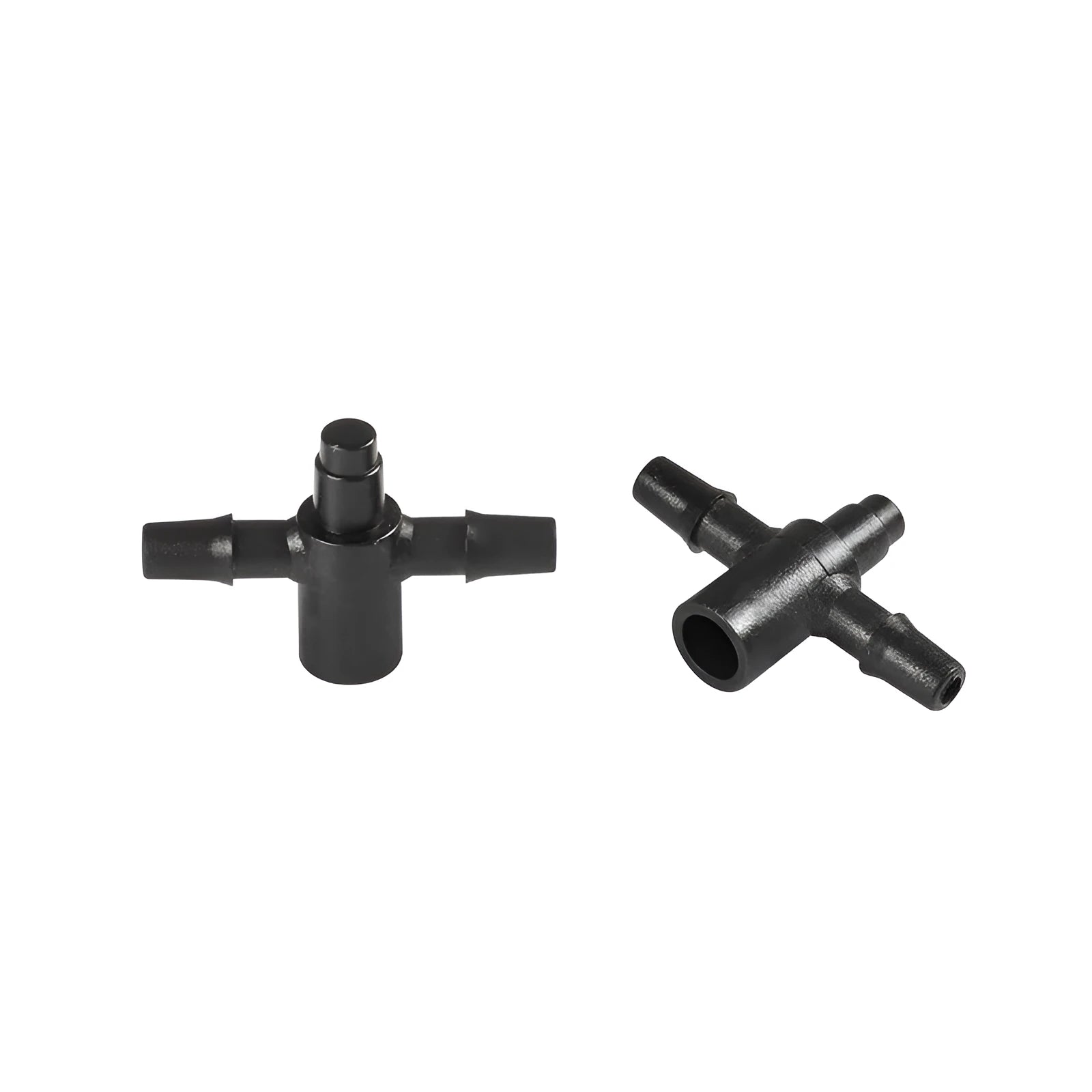 White PE plastic tee water distributor joint for garden micro-spray irrigation systems.