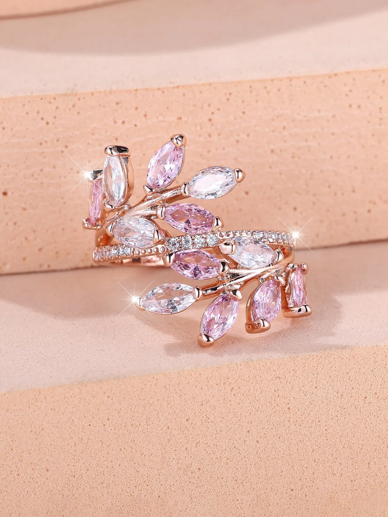 Adjustable copper leaf ring with horse eye zircon stone in multiple colour options
