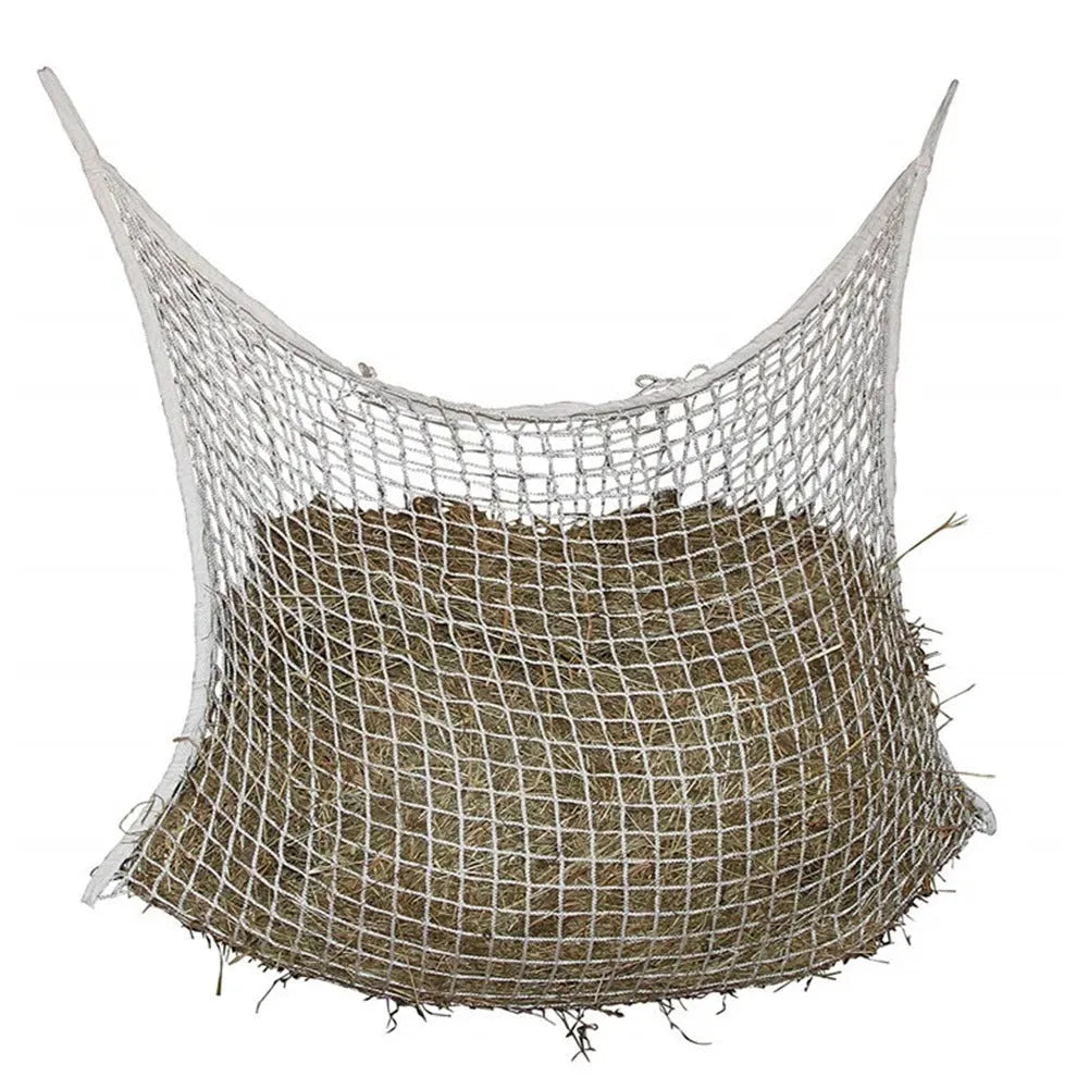 Woven PE rope livestock feeding bag hanging with grid design for cattle horses sheep