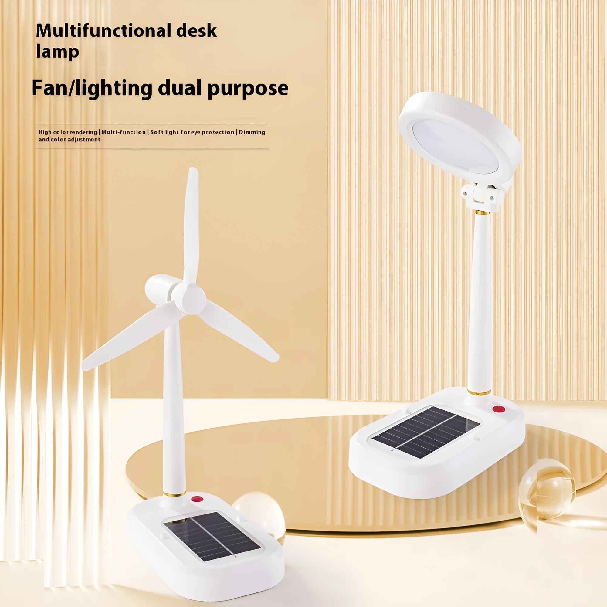 Ivory white solar powered table fan and LED study lamp combination unit on desk