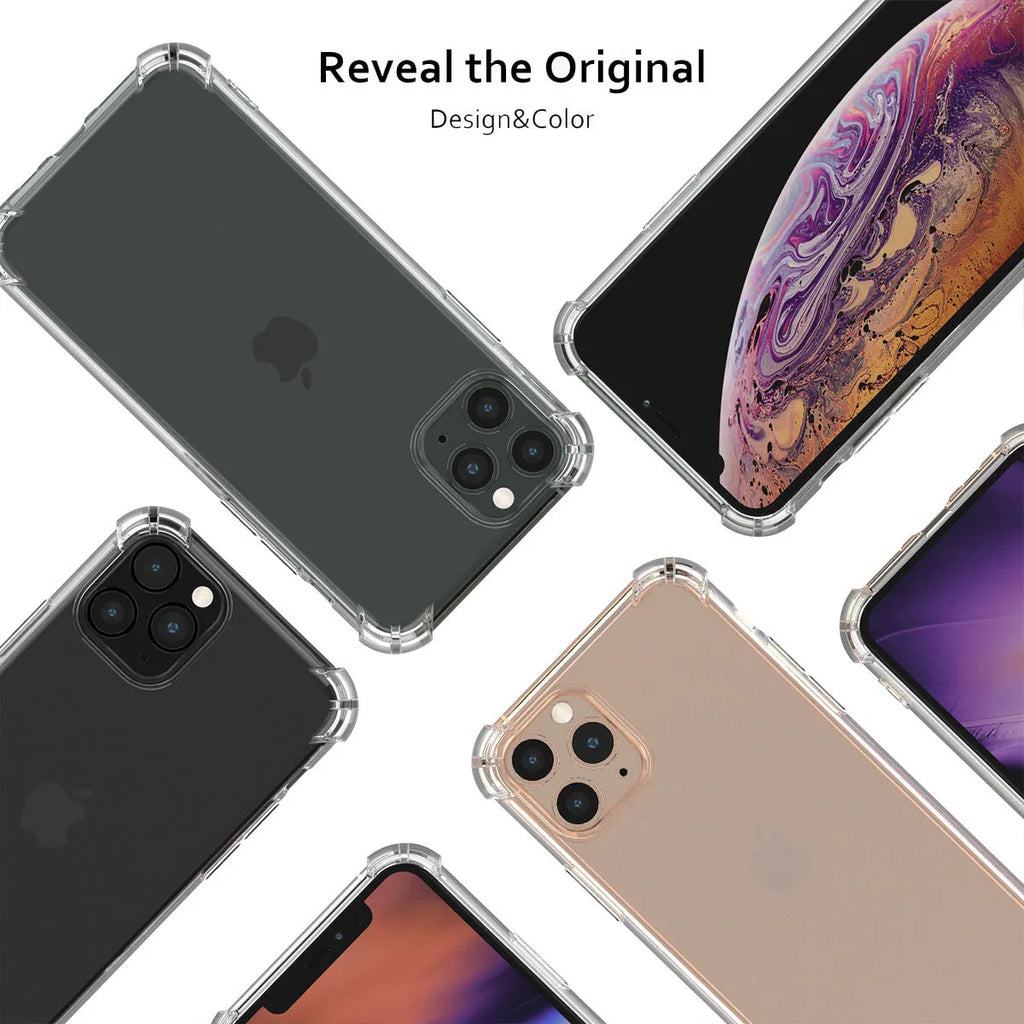 Transparent shockproof TPU phone case for Apple iPhone models showing clear back and sides.