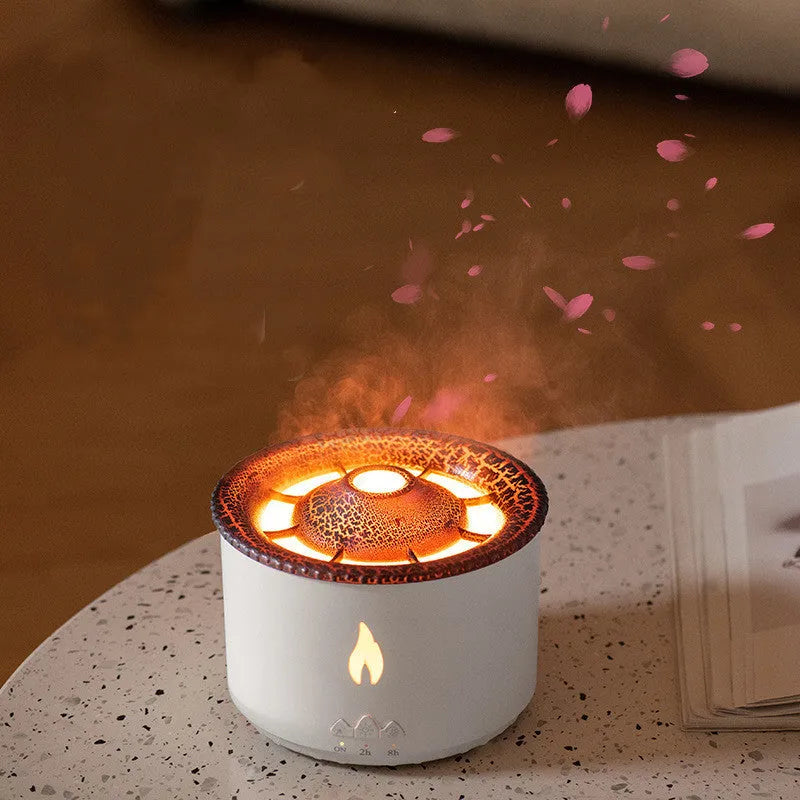 White volcano-shaped humidifier emitting a two-colour mist spray ring.