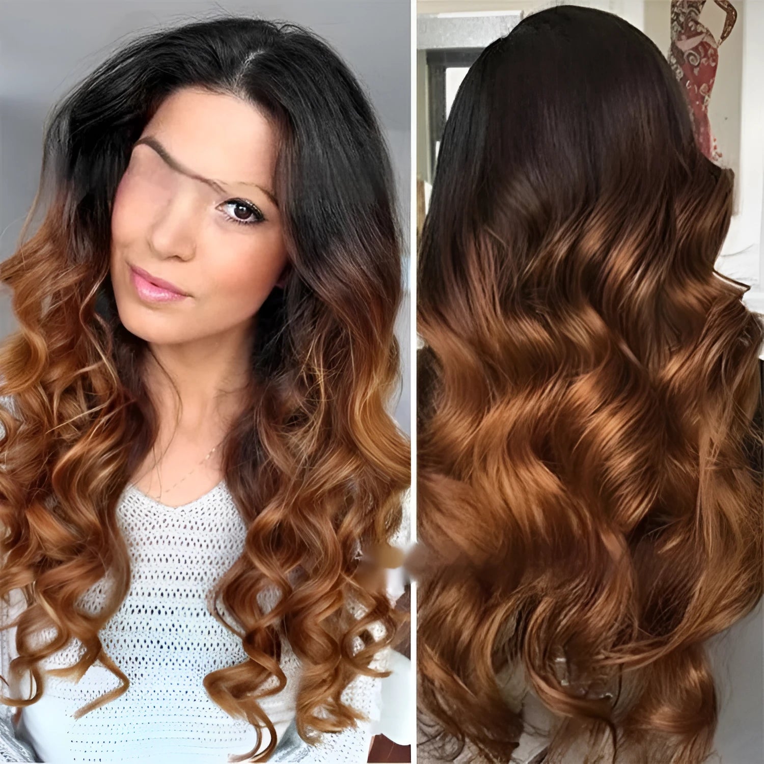 Real human hair Ruili style gradient wig on a stand, showcasing lace front cap construction.