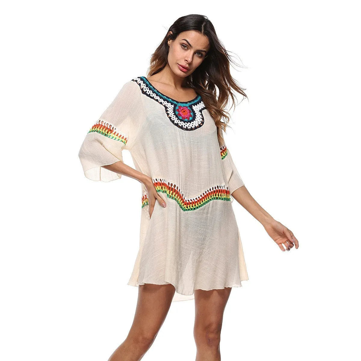 Women's crocheted ethnic style sun protection clothing cover-up in apricot colour.
